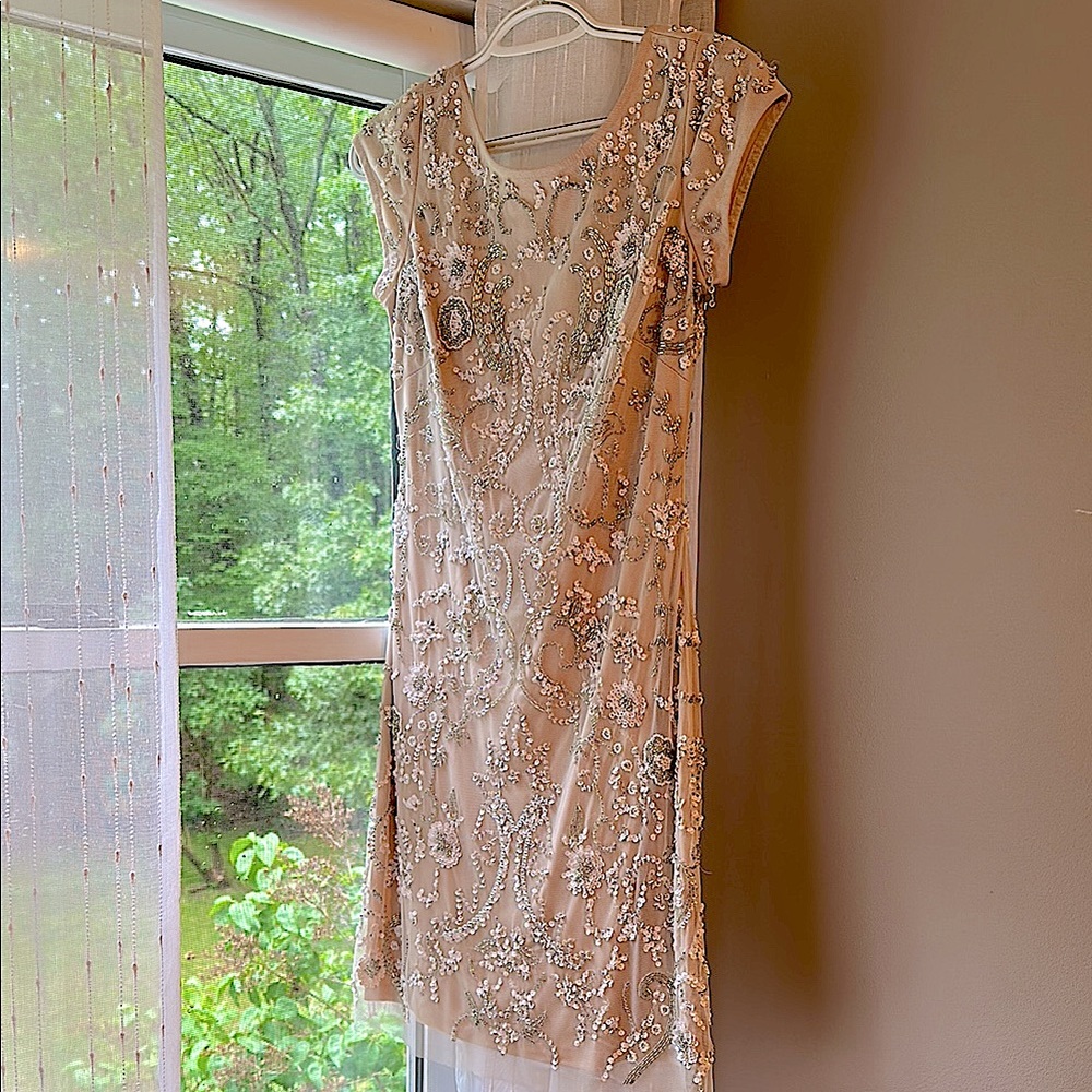 Formal Beaded Cap Sleeve Low Back Cream Dress
